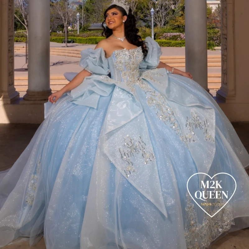 

Light Blue Shiny Quinceanera Dresses Ball Gown Off The Shoulder Sequin Applique Lace Beading Crystal Bow Corset Party Birthday