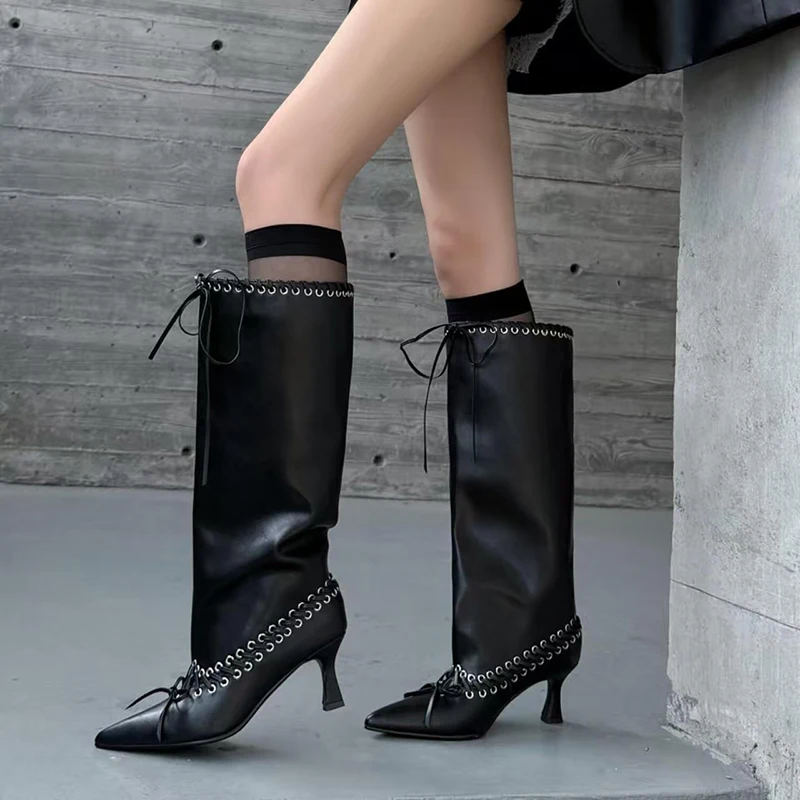 Designer Lace Up Hollow Out Knee High Boots Women Autumn 2026 Sexy Pointed Toe High Heel Long Boots Y2K Stilettos Long Booties image 4