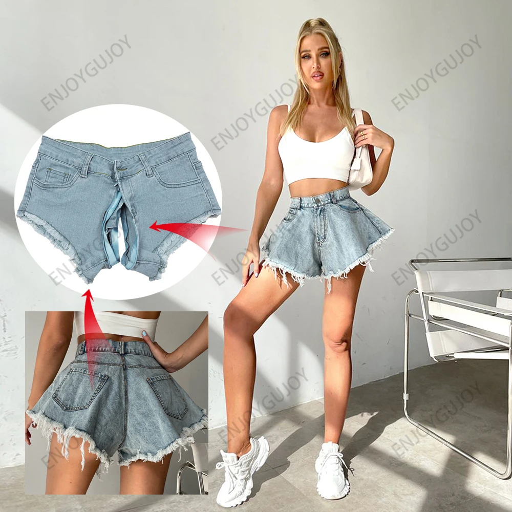 Invisible Open Crotch Pants Outdoor Sex Shorts Ripped Jeans Women High Waist Loose Boyfriend Vintage Nightclub Y2k Denim Large