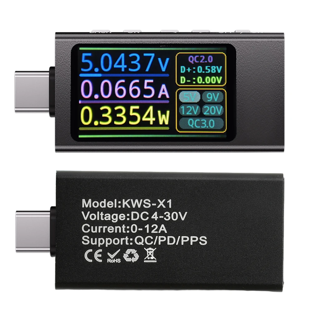 

USB Tester Voltmeter Ammeter KWS-X1 DC 4-30V 0-12A Fast Charge Detection Trigger Capacity Measurement Ripple Measurement TYPE-C