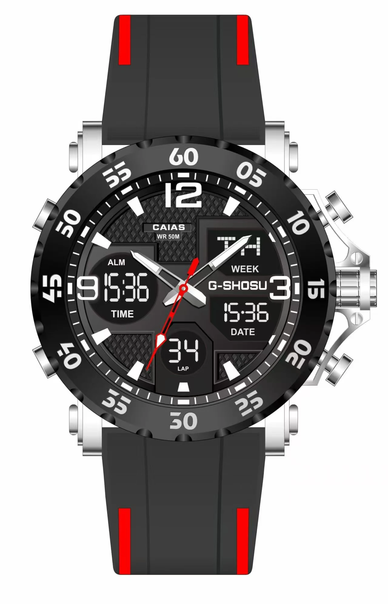 

CAIAS Unisex Sports Watch: World Time, Large Dial, LED Display, Rubber Strap, Oak Series