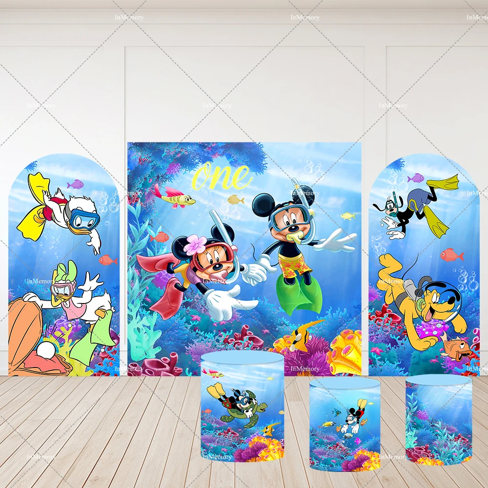 Fundo quadrado subaquático para crianças, Decoração de aniversário, Desenhos animados, Minnie, Mickey, Capa do arco, Pano de fundo, Parede, Banner de mesa