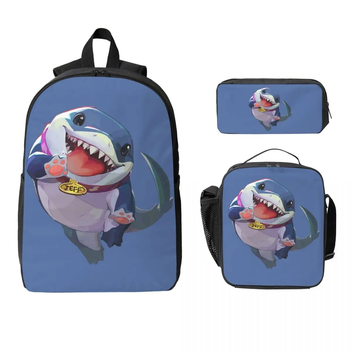 Jeff The Land Shark Backpack Student Boys Girls BookBag School Bag Computer Shoulder Bags 3ps Insulated Lunch Bag Pencil Case