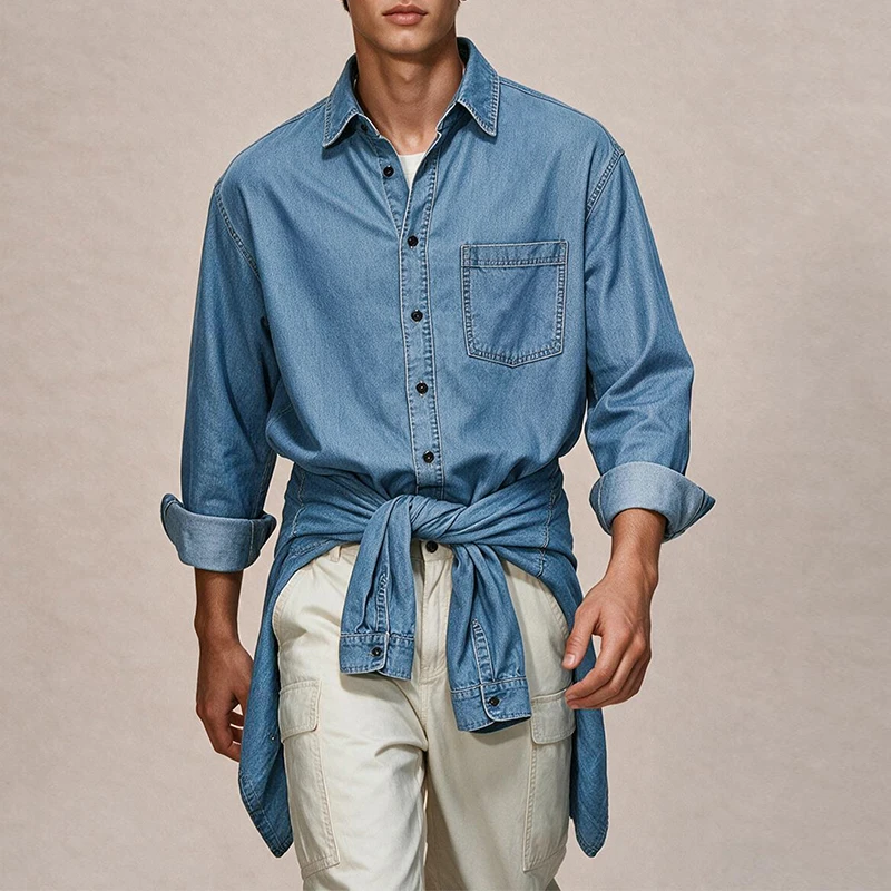Men's Thin Denim Long Sleeve Shirt, Lapel Solid Color Button Down Casual Blouse, Men Spring Autumn Daily Wear Inner & Outer Top view 3