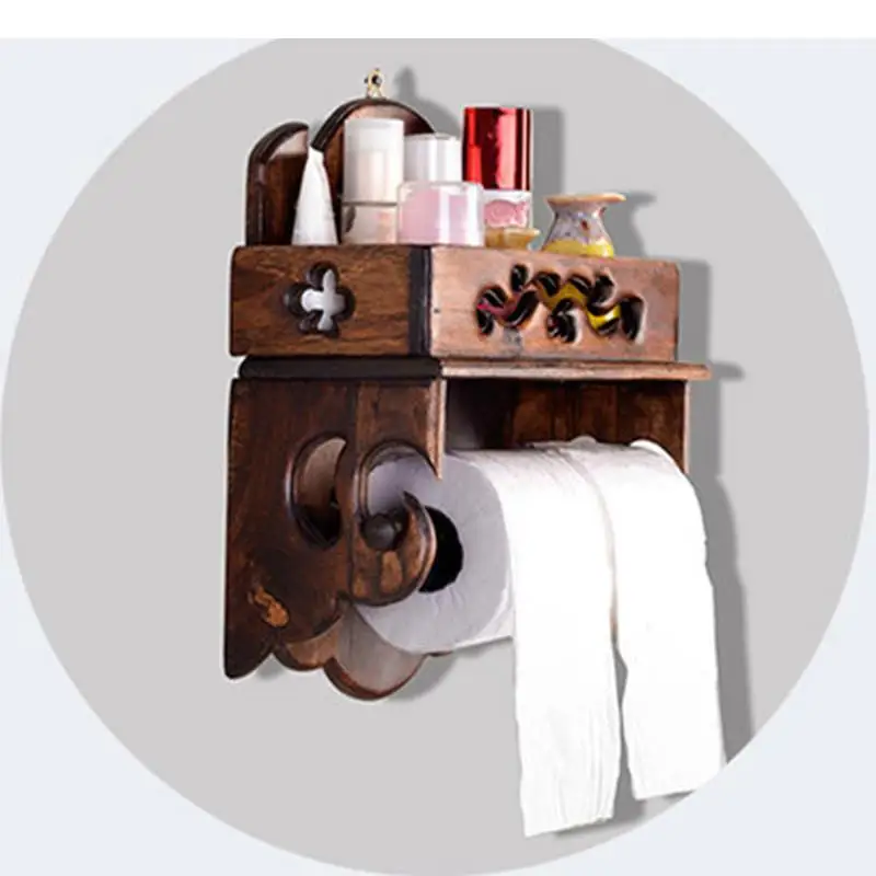 Solid Wood Paper Towel Rack Roll Holder Vintage Bathroom Tissue Box Mobile Phone Cosmetics Shelf Toilet Handmade