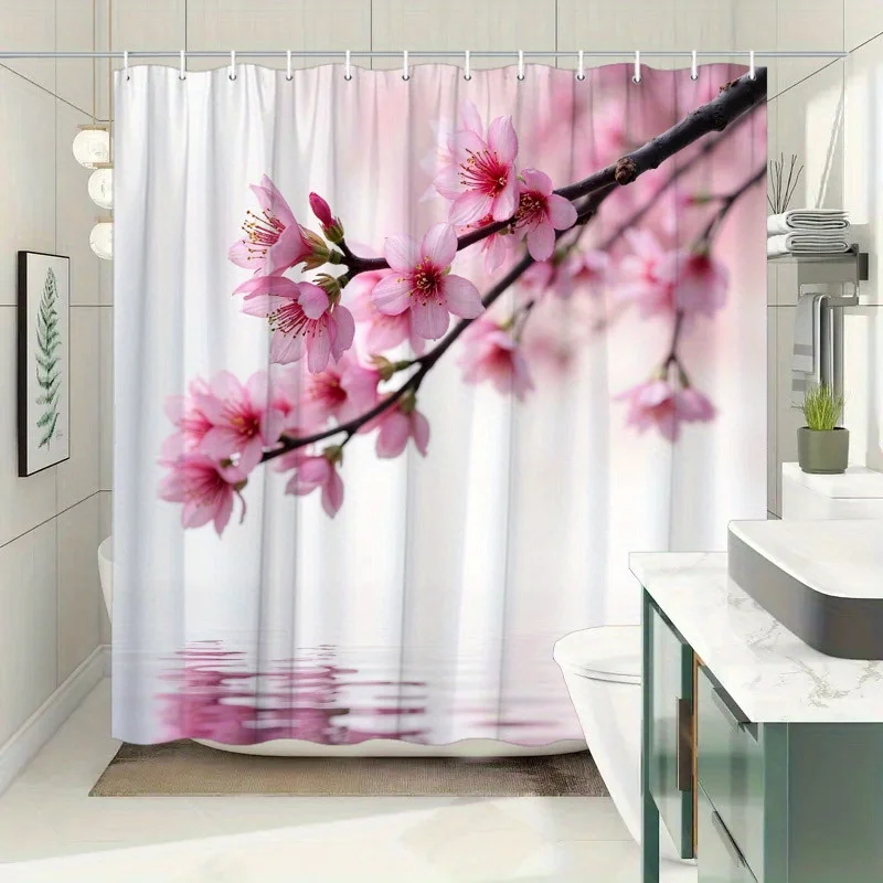 Rideau de douche en fleurs de cerisier, 1 pièce, fleurs roses réfléchissantes, Branches de graçage d'eau, Tranquil, 12 crochets, 70.8x70.8 pouces