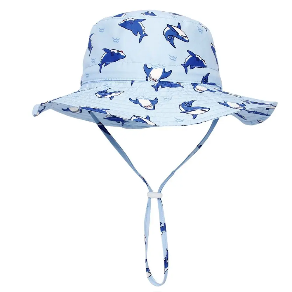 Dinosaur Shark Pattern Children's Sun Hat Quick-Dry Adjustable Beach Hat Breathable Kids Bucket Hat with Chin Strap