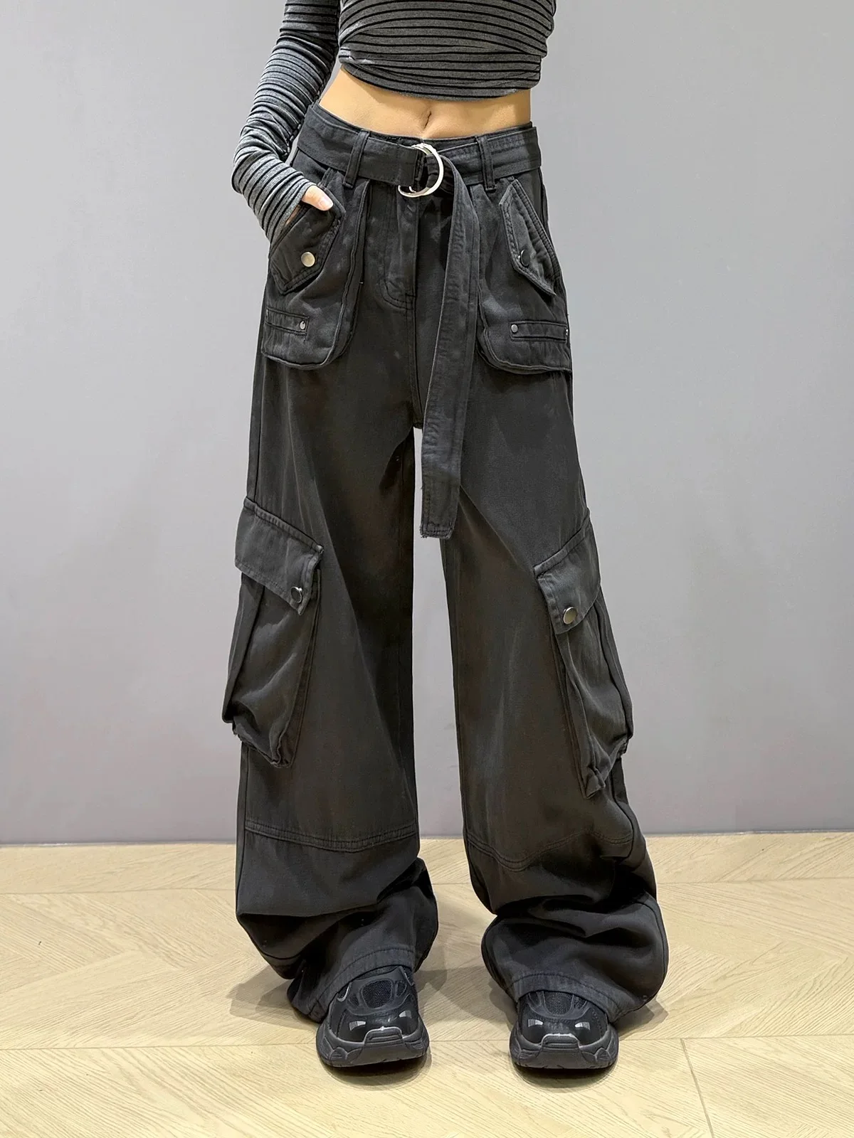 

Y2K женские американские уличные джинсы весна осень новая универсальная рабочая одежда с несколькими карманами прямые свободные тонкие широкие брюки