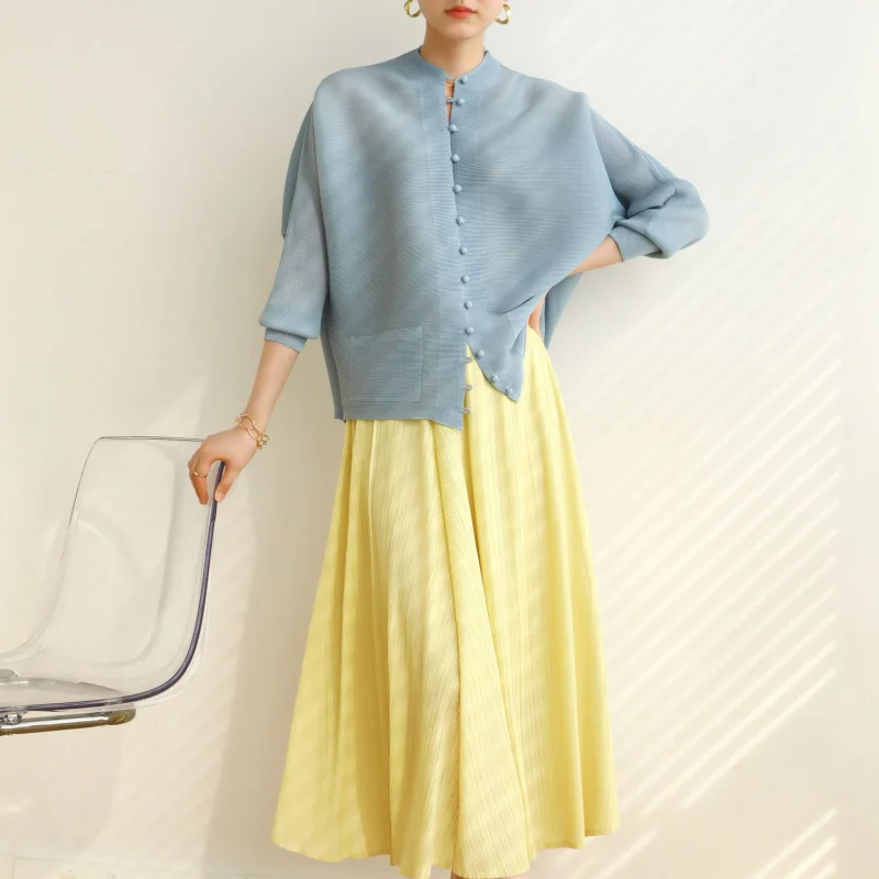 Miyake Autumn and Spring High-end pleated stand-up collar Long-sleeved large-sized loose single-breasted casual Top [2066]