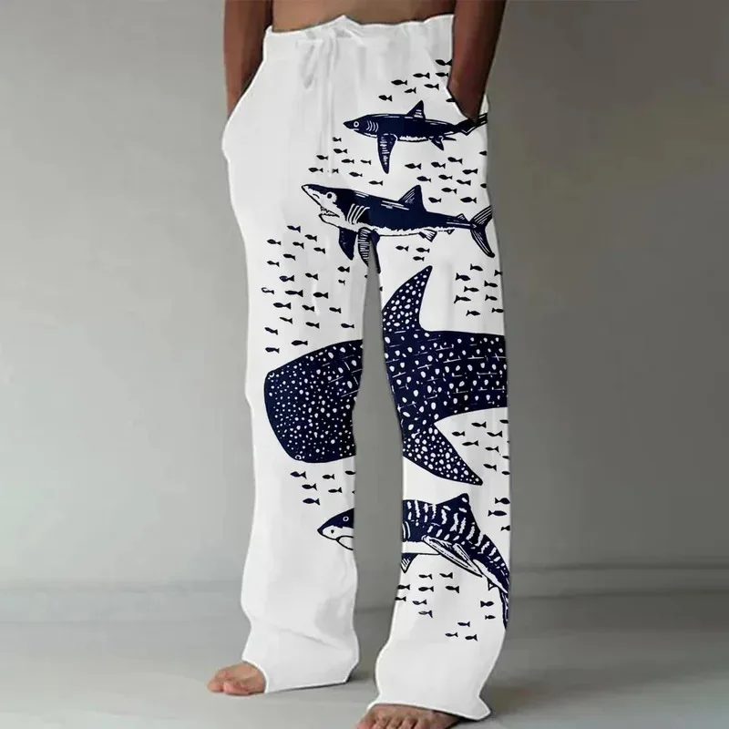 2025 سراويل رياضية وترفيهية جديدة إبداعية للرجال ، سراويل رجالية عائلة القرش طباعة ثلاثية الأبعاد على الطراز الأوروبي والأمريكي