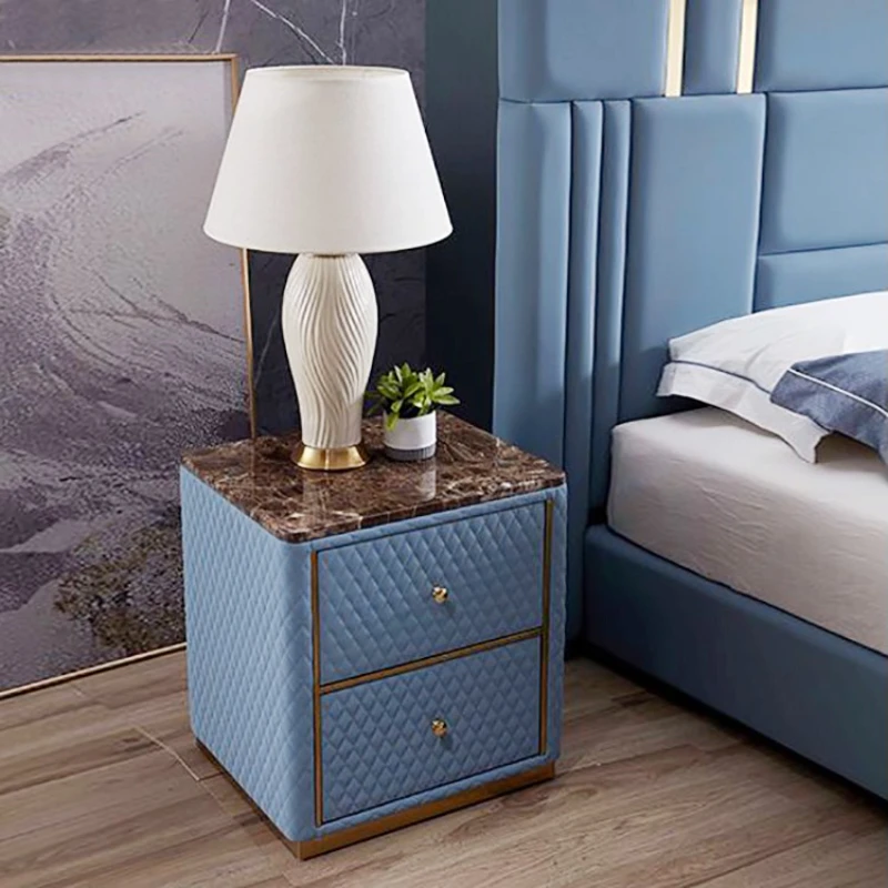 

Modern Design Bedroom Furniture Bedside Table Marble Desktop Bedside Table Bedroom Luxury Blue Leather Bedside Table