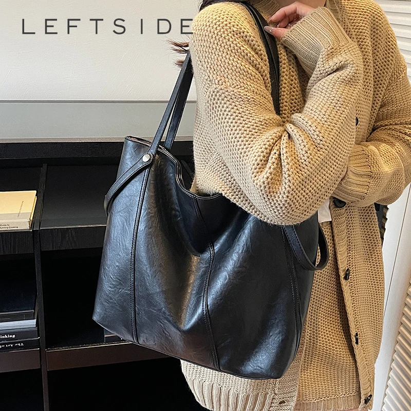 

LEFTSIDE 2025 Women Small PU Leather Bucket Bag Crossbody Purse Female Shoulder Bags Solid Color Simple Handbags and Purses