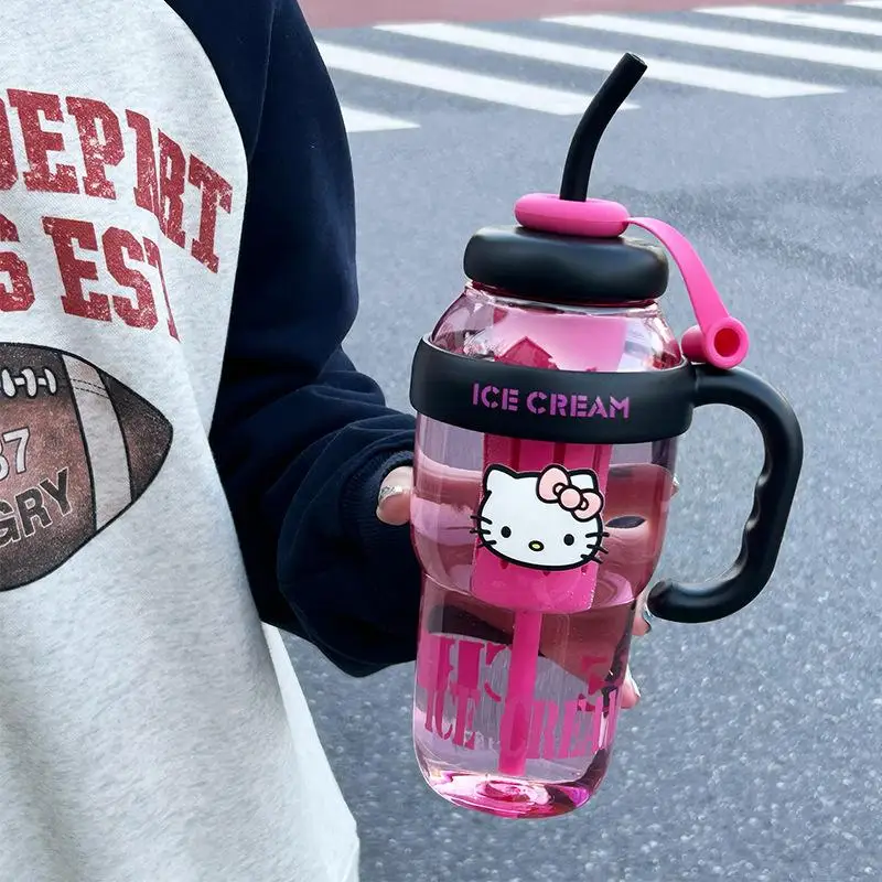 1300Ml Kawaii Sanrio Hello Kitty Cartoon Women's Water Cup Large Capacity Portable Straw Cup Summer Portable Ice Cup Plastic Cup