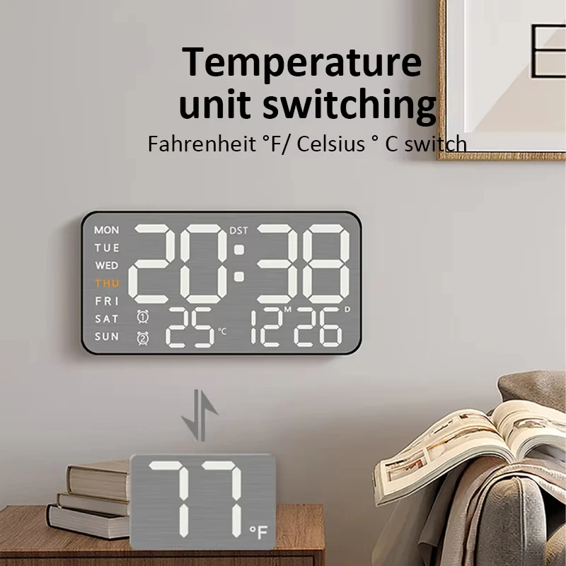 

Mirror Brushed Finish Wall Clock Premium Feel Silent Wall Clock Table Alarm Clock Temp Digital Display Bedroom Office Room Decor