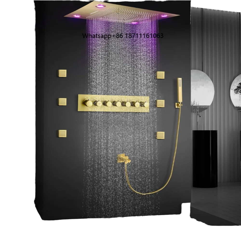 Newest Black LED Constant Temperature Concealed Ceiling-Mounted Canopy Shower Set Dual Rain Ceramic Factory Direct Sale