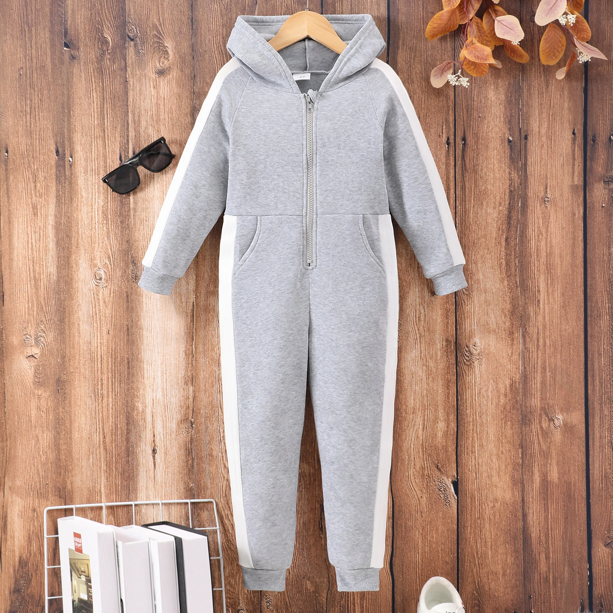 Boys Casual Long Sleeve Color Block Zipper Hooded Jumpsuit - Perfect For Spring And Autumn Clothes