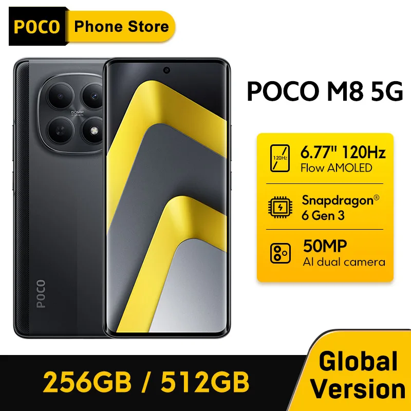 【월드 프리미어】POCO M8 5G 스마트폰 글로벌 버전 스냅드래곤 6 Gen 3 6.77인치 120Hz 디스플레이 50MP 카메라 5520mAh 45W NFC