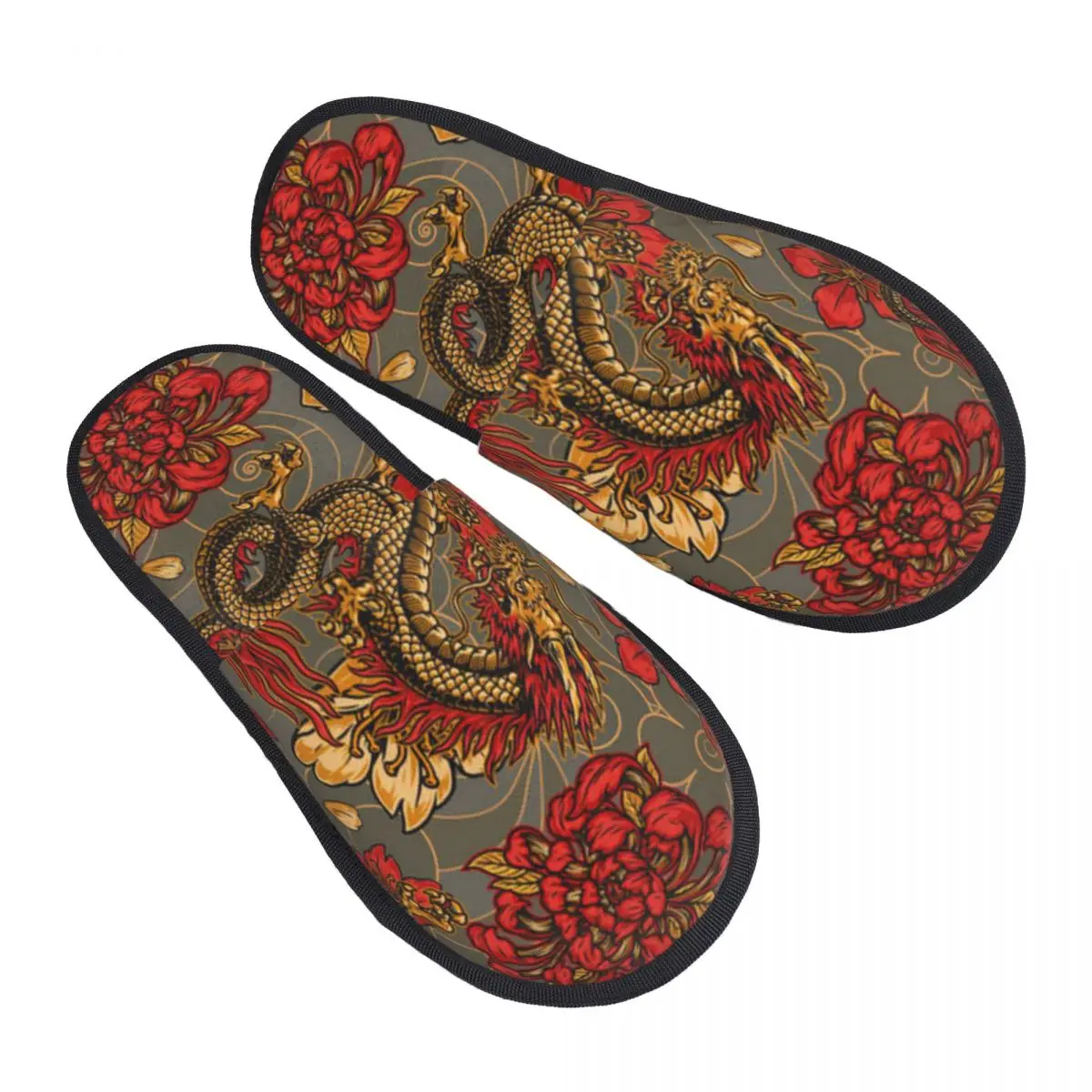 Soft Slippers Japanese Vintage Dragon Chrysanthemum Non-Slip Floor Indoor Home Furry Slippers Shoes For Bedroom