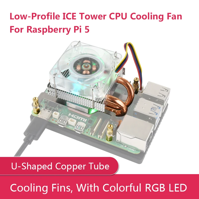 

Low-Profile ICE Tower CPU Horizontal Cooling Fan for Raspberry Pi 5, U-Shaped Copper Tube, Cooling Fins, With Colorful RGB LED