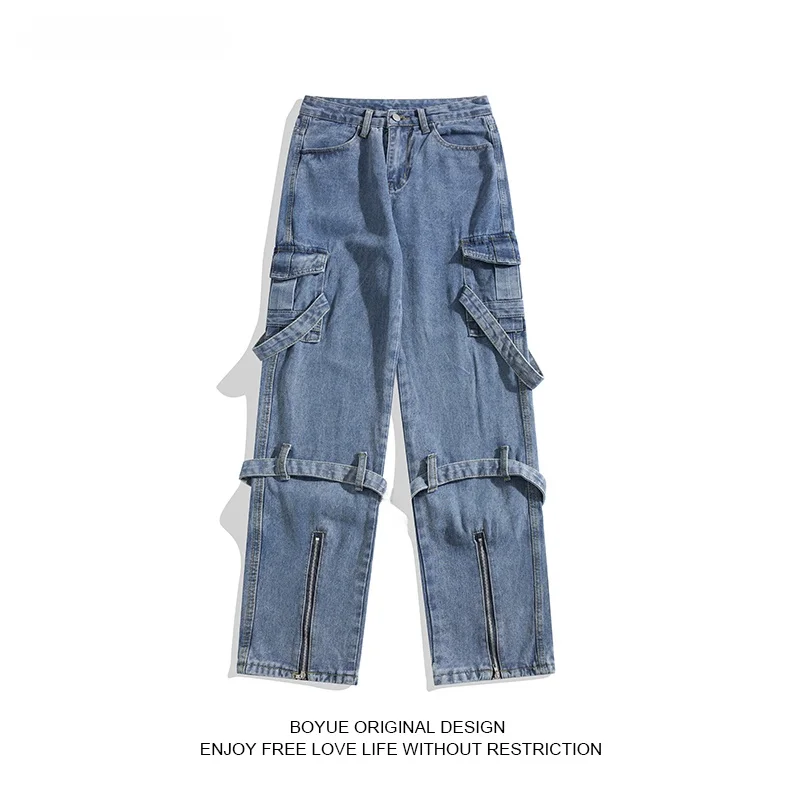 

Мужские джинсы Boyue из плотного денима на молнии, в американском уличном стиле, хип-хоп, модные, широкие, длинные брюки