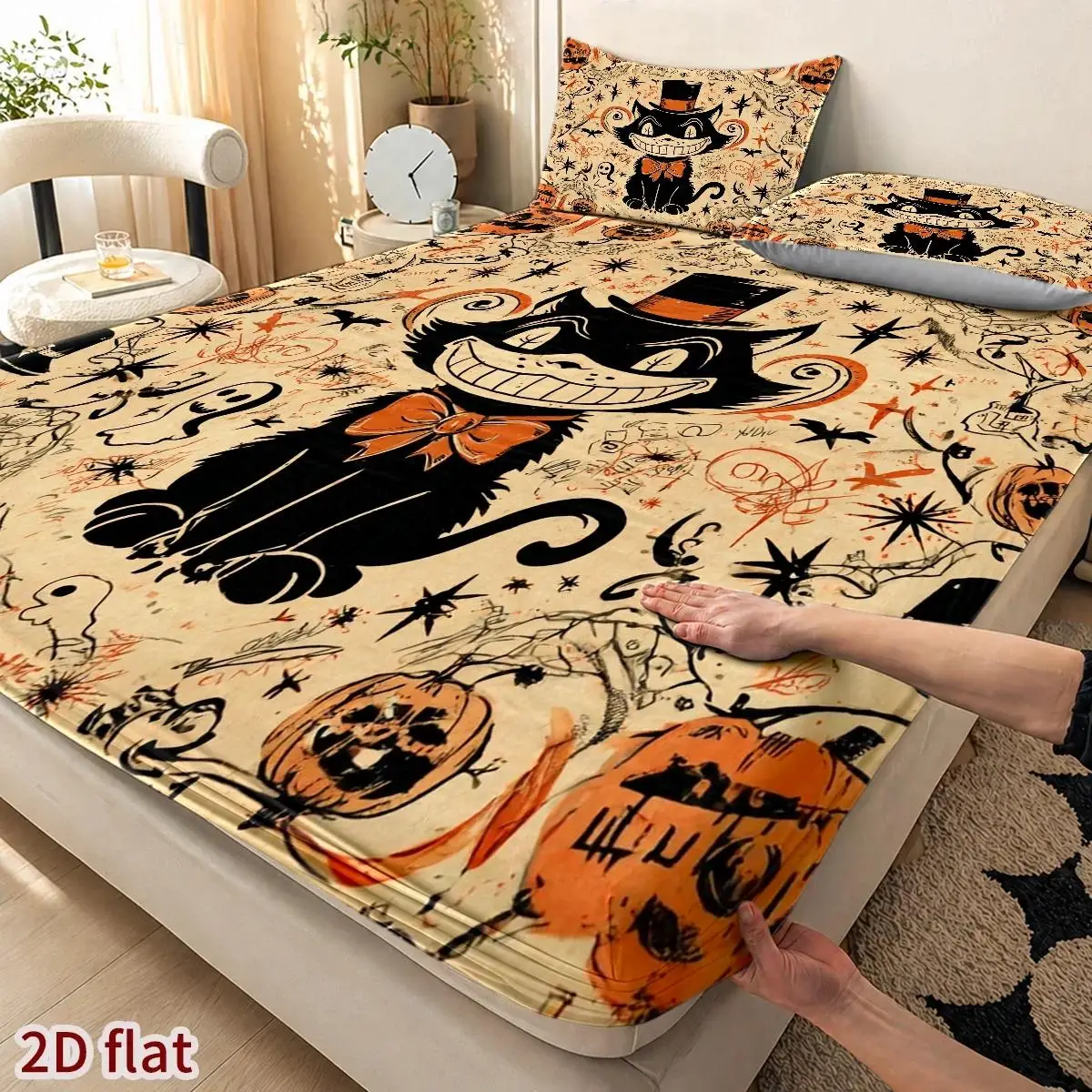 Halloween Bedding Set (Includes 1 Fitted Sheet + 2 Pillowcases, No Core) 2D Flat Printing, Mattress Protector, Halloween Black Cat Smile Theme, Vintage Hand-Drawn Illustration Style, Halloween Carnival Season, Suitable for All Seasons, Elastic Fitted Sheet Protector, Machine Washable, Easy Care, Soft and Breathable Mattress Protector