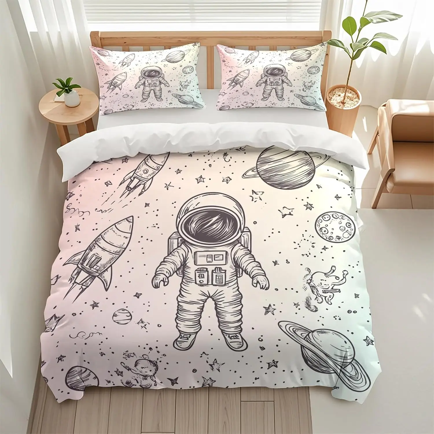 Astronaut Duvet Cover Single Queen Size Space Theme Bedding Set, Universe Galaxy Planet Comforter Cover Outer Space Quilt Cover