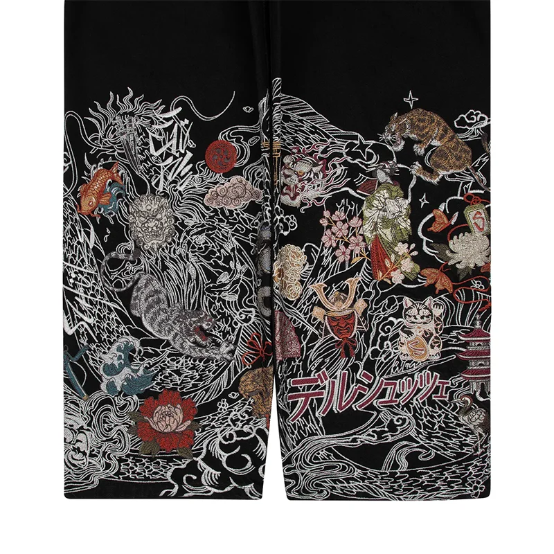 Y2K جينز غير رسمي عتيق ياباني Ukiyo e نمط الأزهار التطريز واسعة الساق الجينز الاتجاه الرجال النساء موضة الهيب هوب الشارع الشهير