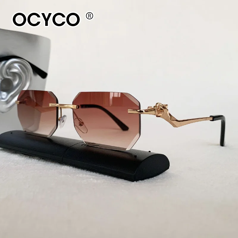 

OCYCO Fashion Rimless Sunglasses Men Trendy Vintage Cheetah Head Alloy Frameless Eyeglasses For Man Luxury Driving Sun Glasses
