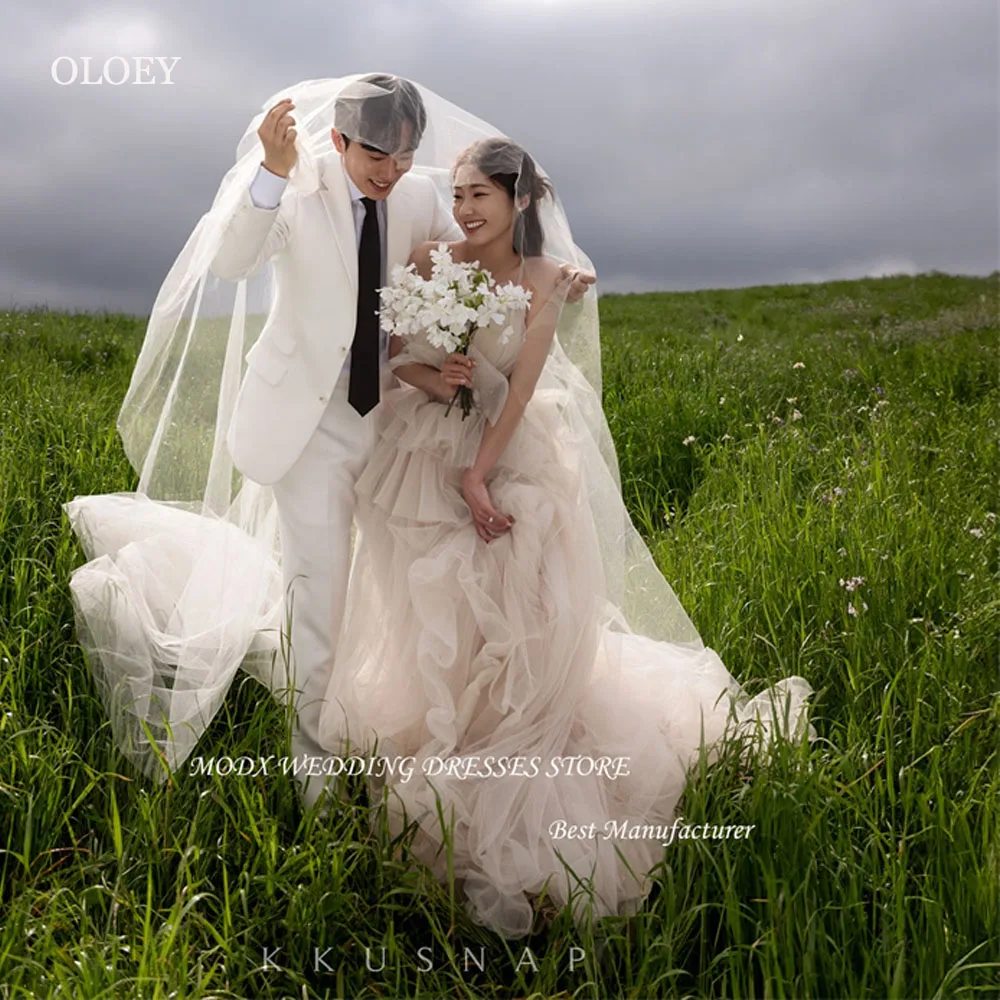 

OLOEY Princess Soft Tulle Layered Wedding Dresses Korea Photoshoot Sweetheart Sweep Train Bridal Gowns Corset Back Long Veil