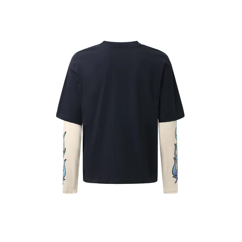 Men Fashion High Street Oversized Hip Hop T Shirt Flame Printed Y2K Style Long Sleeve Tees Streetwear Painted Tops Fake 2 Piece