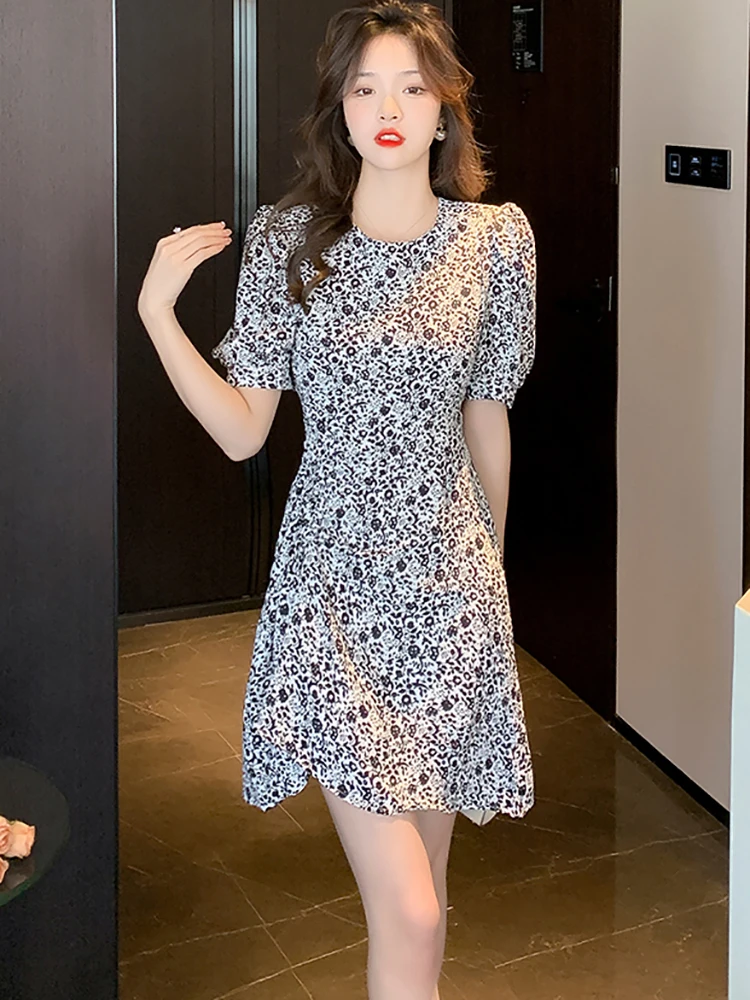 Summer Floral Chiffon Puff Sleeve Black Sexy Mini Dress Women Casual Boho Beach Short Dress 2024 Elegant Bodycon Party Vestidos