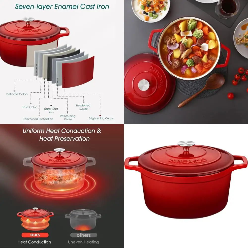 

7.5 Quart Round Enamel Dutch Oven with Lid, Cast Iron Pot for Baking Bread, Non-Stick Coating, Red