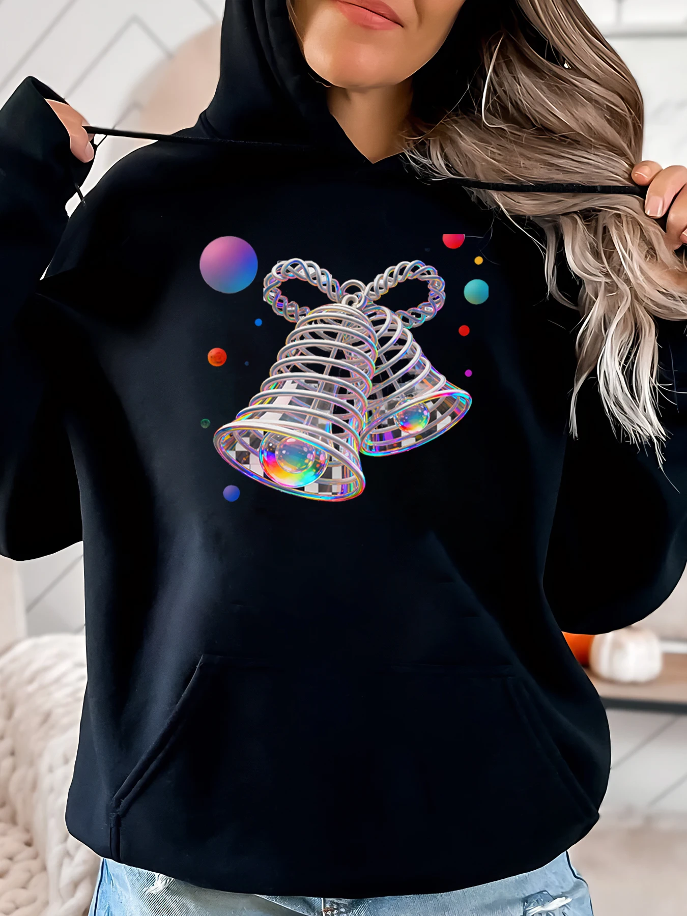 

Рождественская толстовка с принтом диско-колокольчиков, женская повседневная одежда, праздничная вечеринка, черная, больших размеров