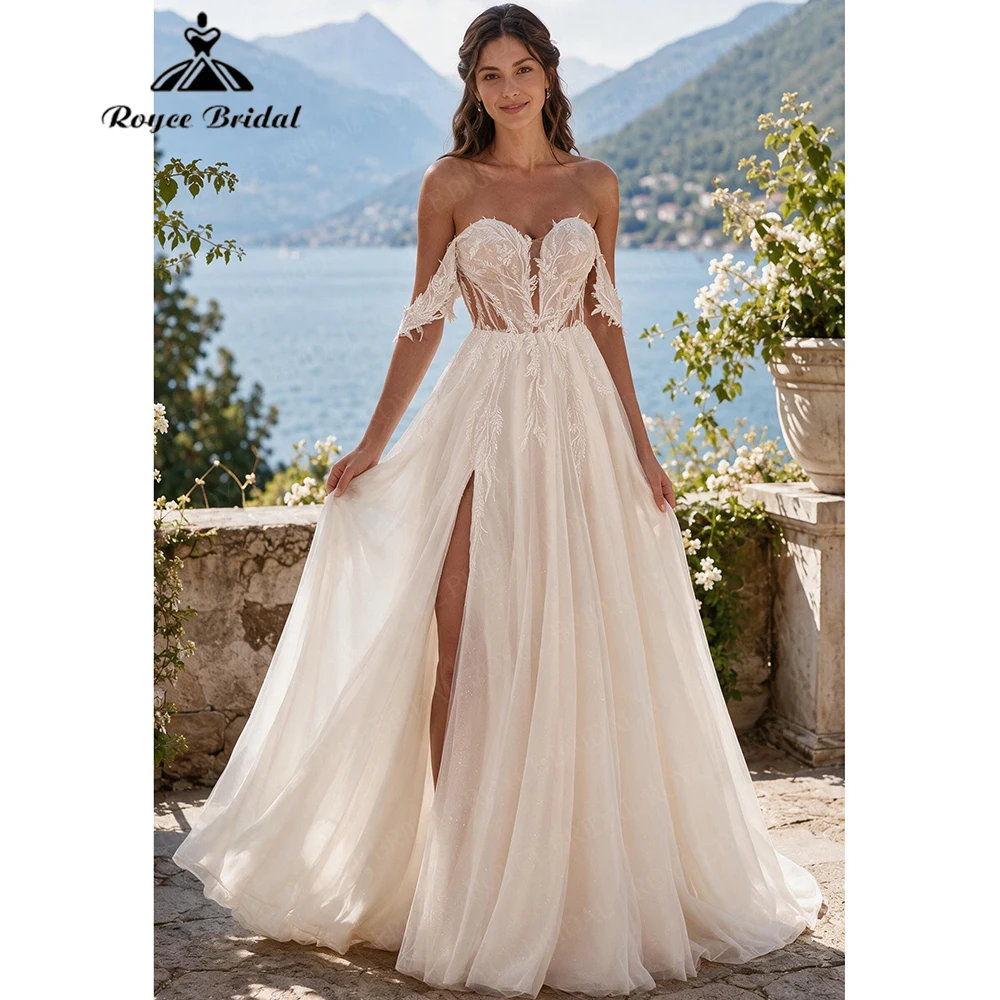 Roycebridal V Neck Elegant A Line Wedding Dresses 2027 Appliques Off The Shoulder Beach Bridal Gown Customized Vestido De Novia