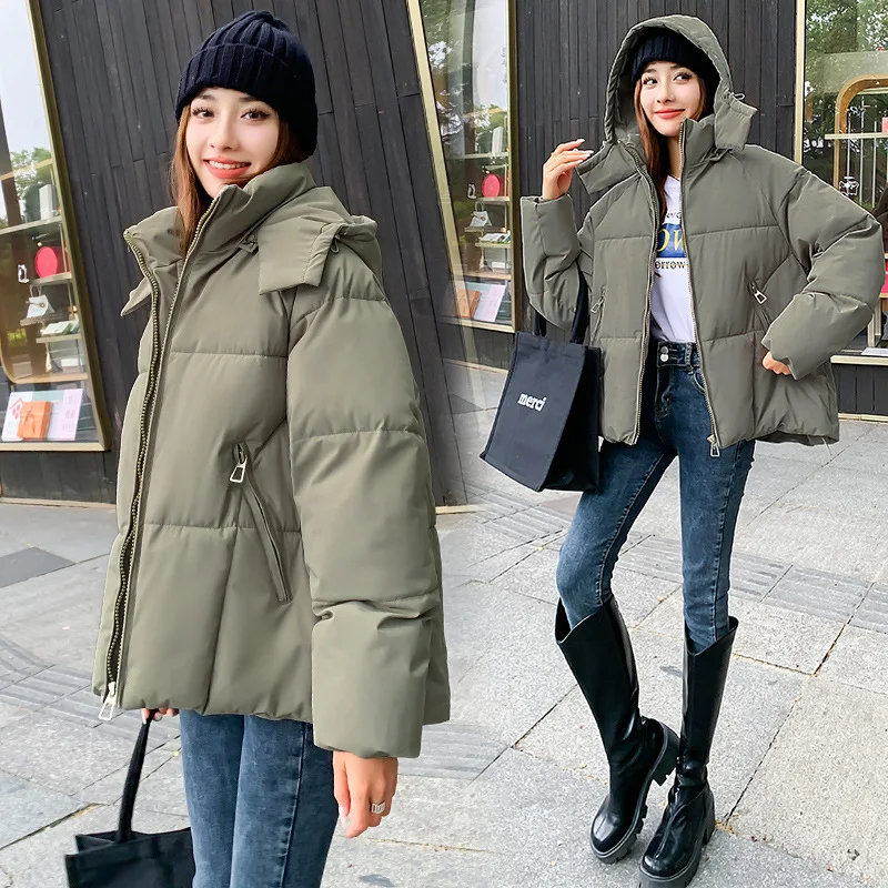 Women Short Oversize Parkas Coats Hooded Jacket Solid Drawstring Hem Zipper Fly Looose Fit Thick Casual Office Lady Winter 2025