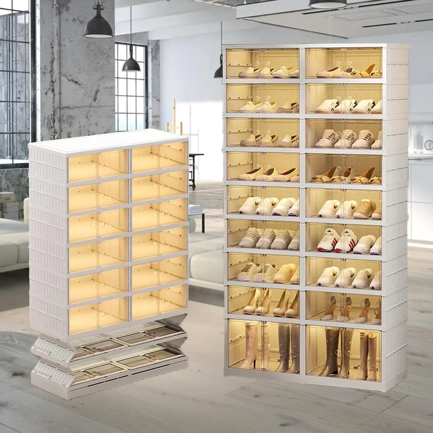 

9-Tier foldable shoe cabinet,Can store 36 pairs of shoes,Plastic Collapsible Shoes Storage Box Clear Shoe Boxes Stackable