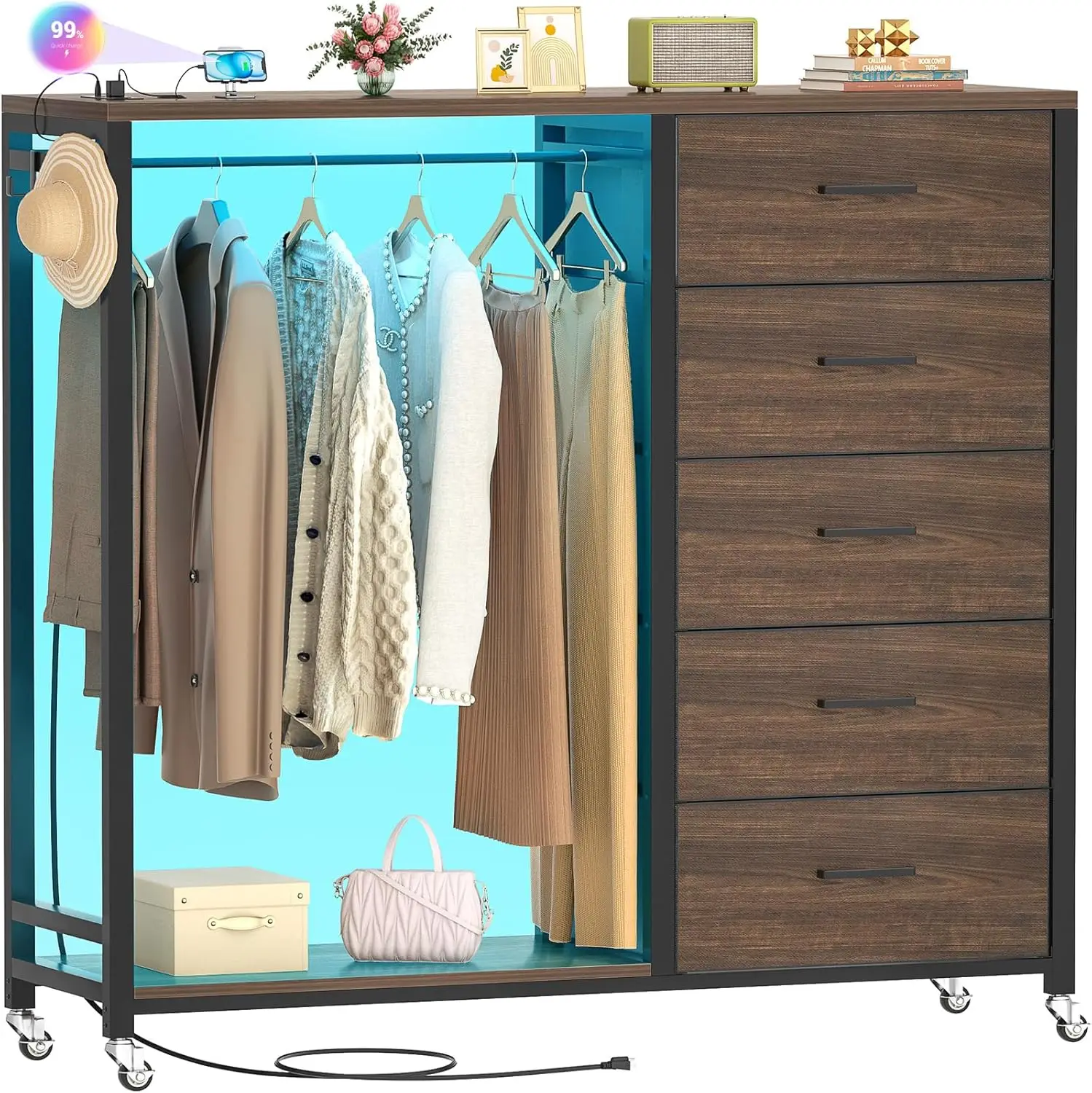 

Dresser for Bedroom with Clothes Rack, 5 Drawers Dresser with Charging Station & LED Lights, Storage Chest of Drawers, Red Oak