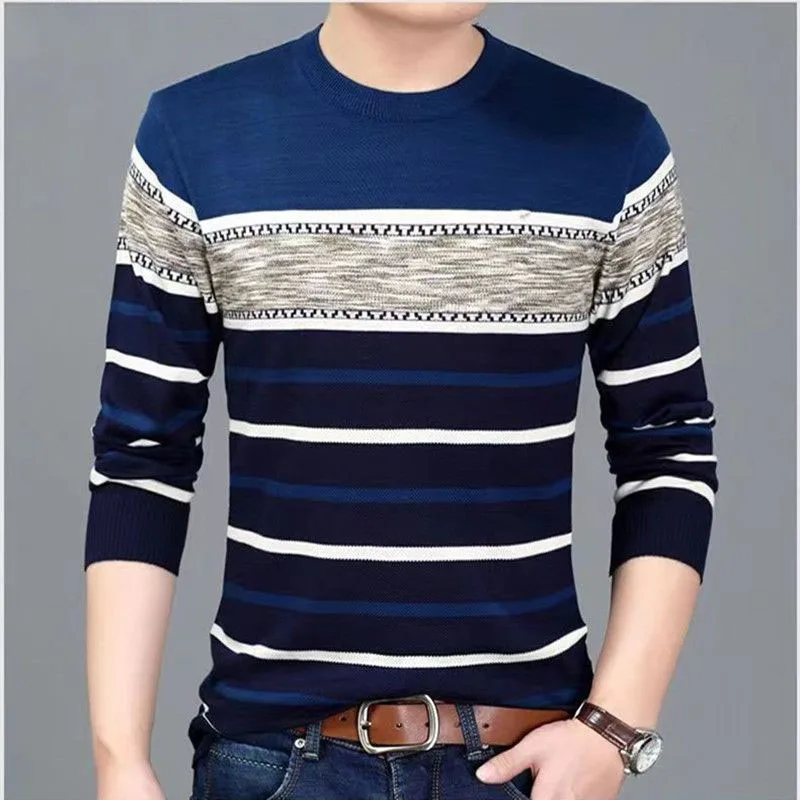 

2023 Autumn and Winter Commuter Sweater Men's Round Neck Youth Striped Knitwear Comfortable and Versatile Long Sleeve T-shirt