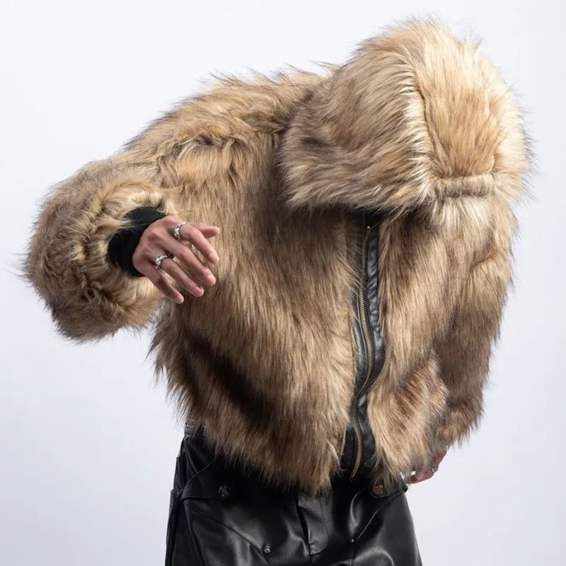 American Style Men's Padded Jackets PU Leather Reversible Faux Fur Fleece Thickened Solid Color Loose Male Coats Tide