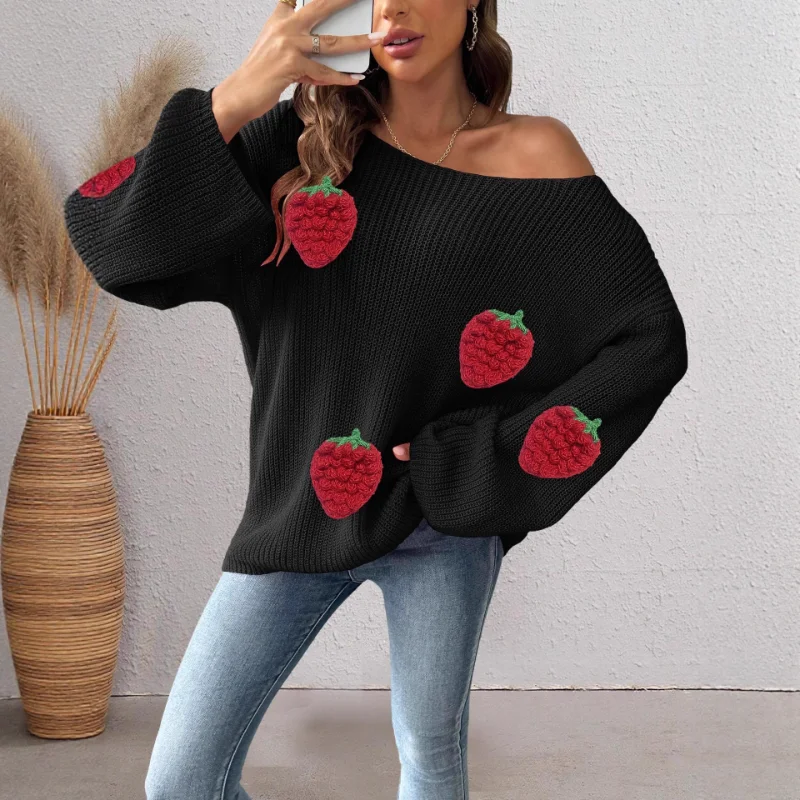 Women's Pullover Strawberry Three-Dimensional Splicing Loose One-Neck Off-The-Shoulder Bell Sleeve Sweater