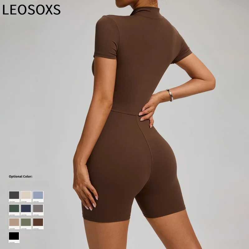 

LEOSOXS Yoga Jumpsuit Summer Short Sleeve Zipper Sports Wear Gym Fitness Sports Bodysuits Women Running Workout Clothes Suit