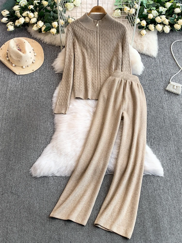 Ensemble deux pièces décontracté pour femmes, automne et hiver, doux et chic, fermeture éclair, tricot, col montant, manteau, taille haute, pantalon à jambes larges