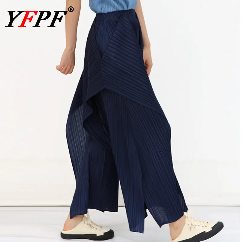 

YFPF Miyake Pleated Long Pants Women Irregular Patchwork Design Solid Color Loose Wide Leg Trousers Casual 2025 New Clothing
