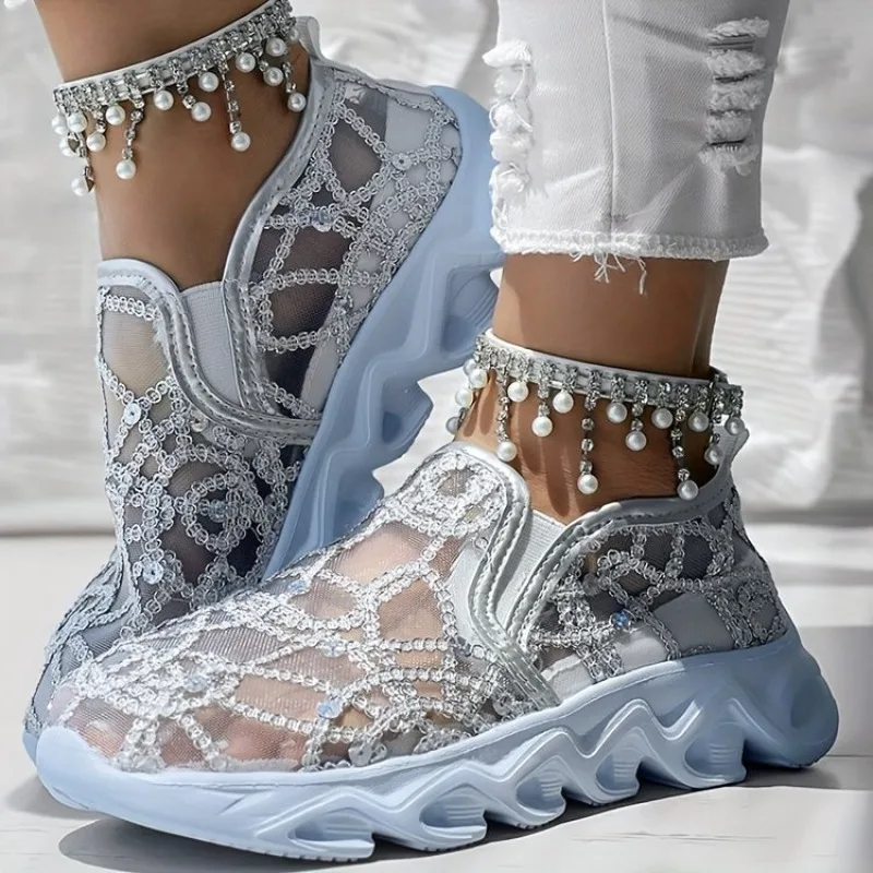 Zapatos deportivos de malla con lentejuelas para Mujer, calzado ligero y cómodo para correr, calzado informal versátil con suela suave, zapatos transpirables para Mujer