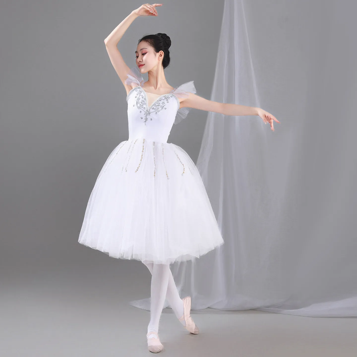 Romantic Ballet Tutu Dress Rhinestone Embroidery Tulle Skirt Fairy Shoulder Ruffle Professional Stage Performance Ballerina