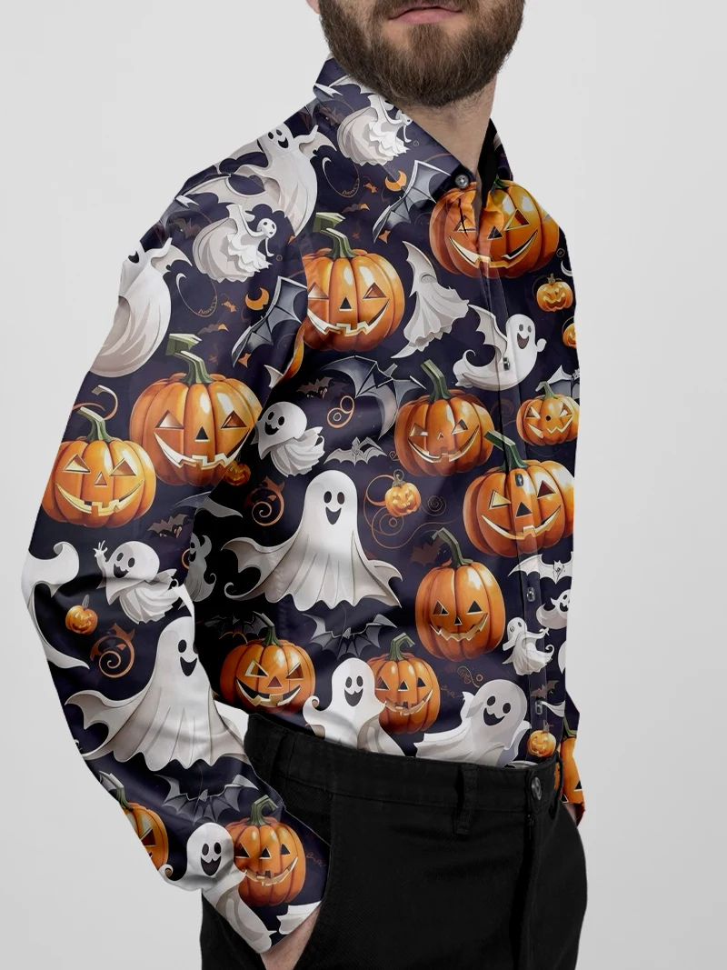 Spring and Autumn Outdoor Halloween Men\'s Shirt, Casual Ghost Pumpkin Pattern Boat Collar Button Long Sleeve Pattern Novel Costu