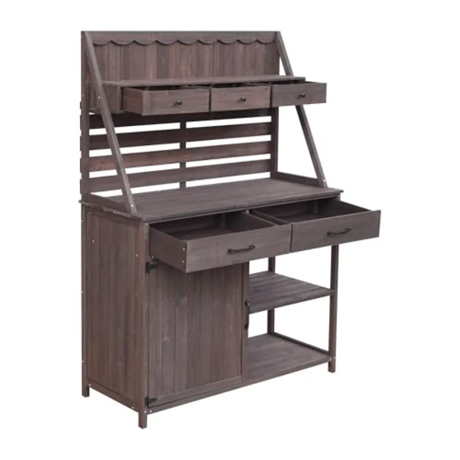 

Outdoor potting bench for garden organization and seed starting: brown fir wood 64.5 tall 5-drawer workstation with slatted bac