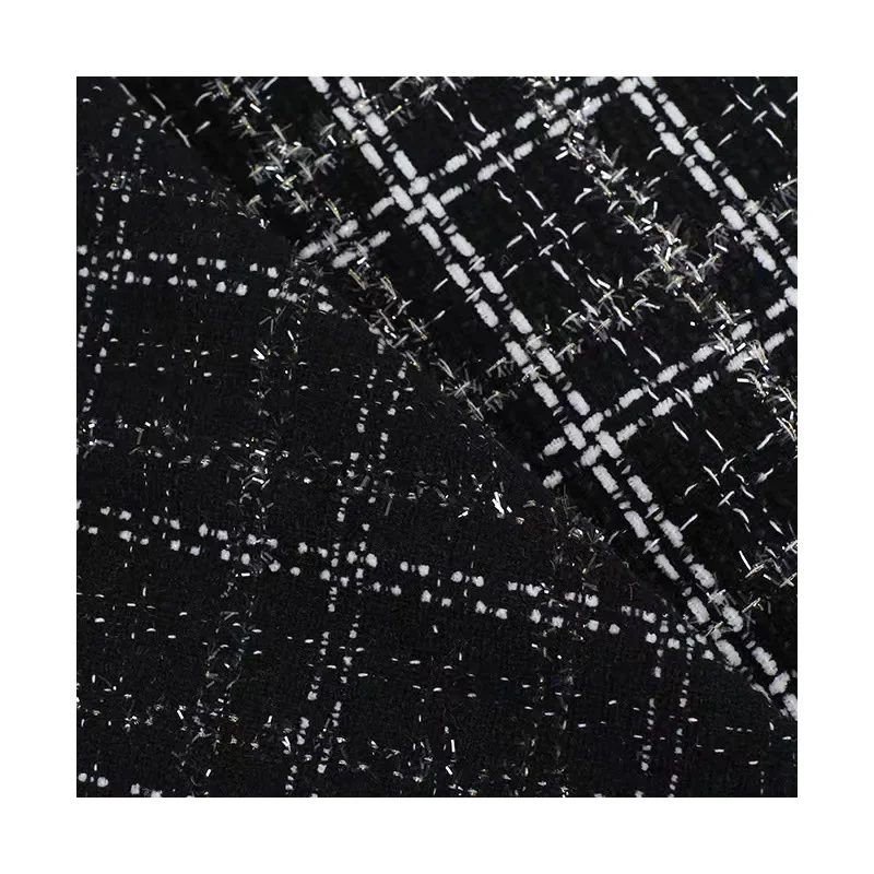 Wool-blended Small Floral Print Bright Silk Black And White Checkered Fabric Fashionable Women's Outerwear, Bags And Accessories
