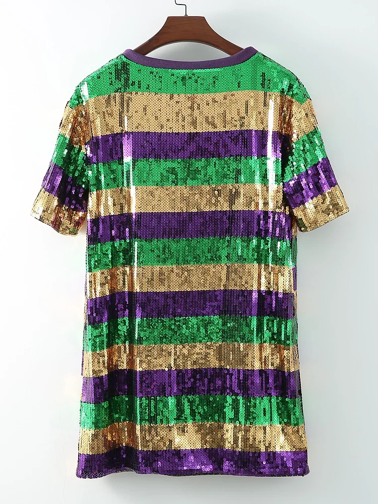 Queen of Mardi Gras Sequin Tshirt Dress Short Sleeve Gold Purple Green Glitter Stripped Party Dress for Women