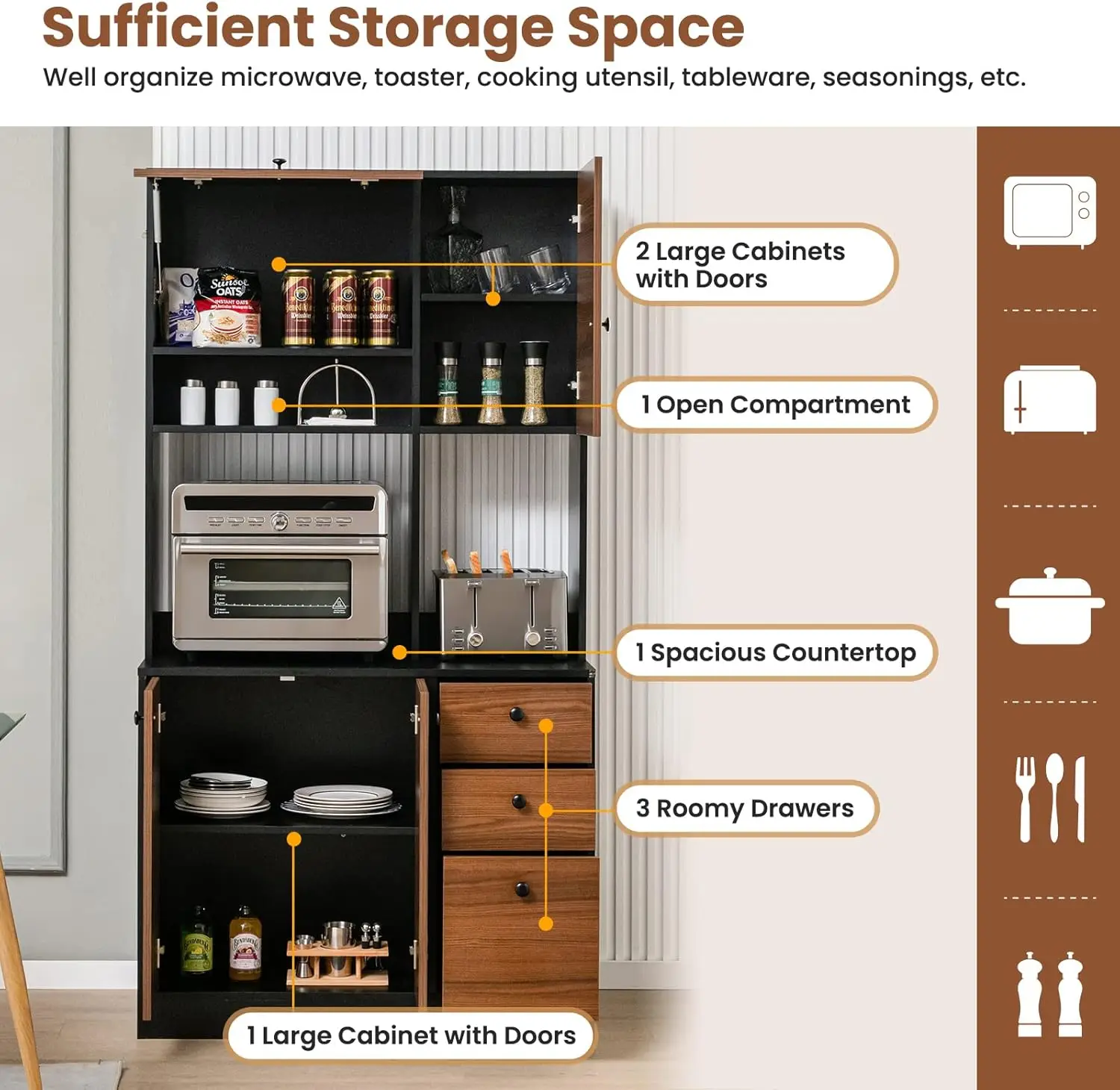 LOKO-Armoire de rangement pour garde-manger de cuisine, planchette autoportante avec portes, étagères réglables, 3 portes de proximité et micro-ondes, 71 po de haut